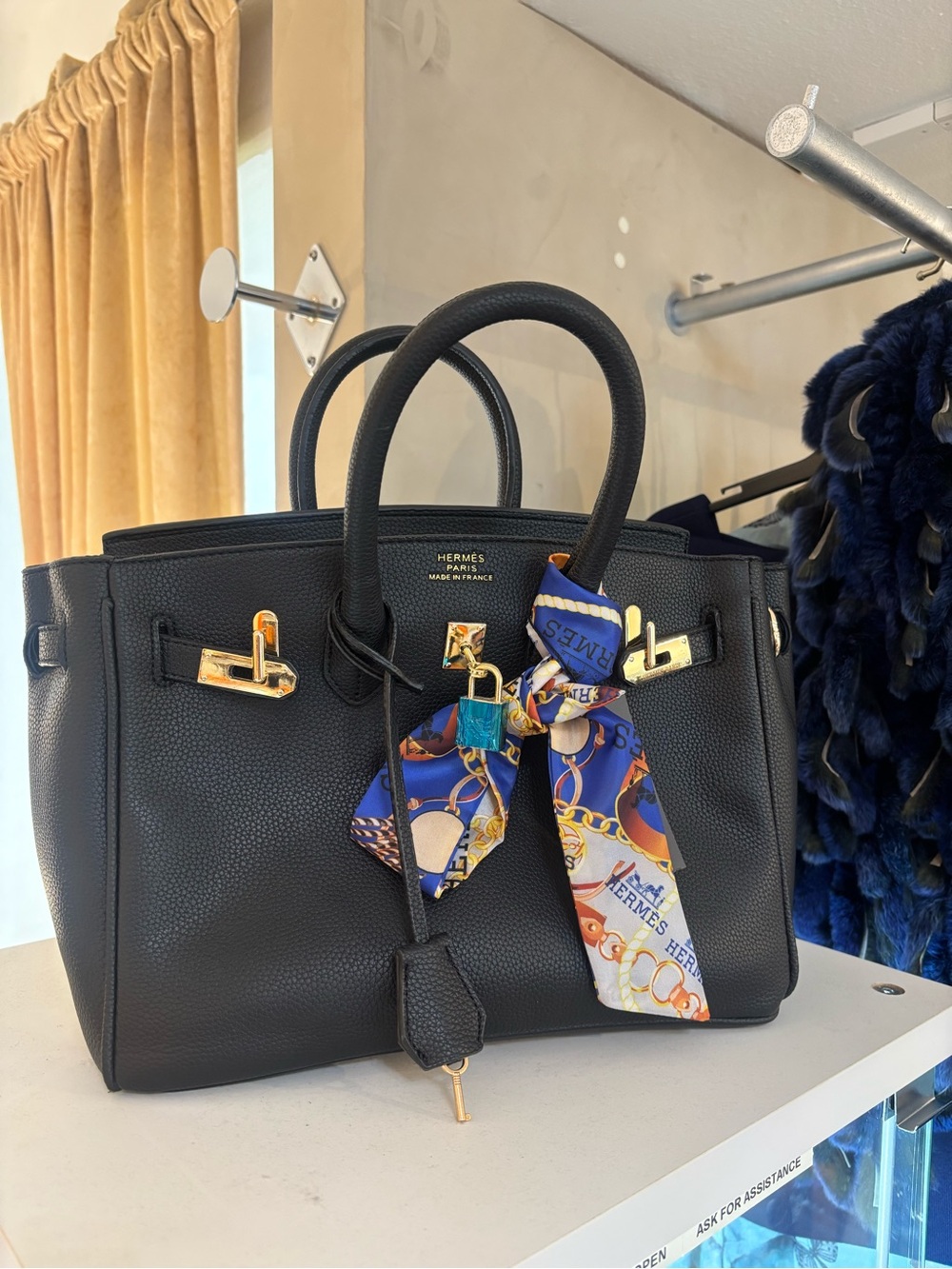 Black Leather Tote with Decorative Silk Scarf